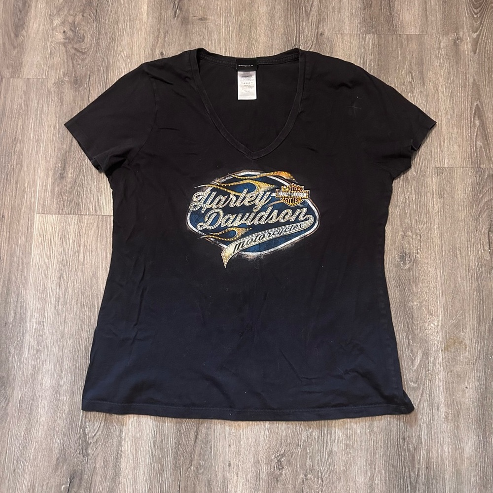 Harley Davidson Women’s V Neck Shirt Sz XL Denver Colorado Bedazzled Avalanche